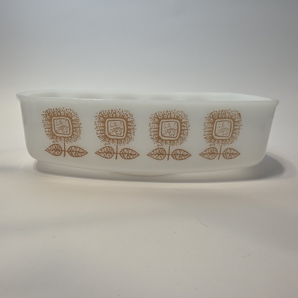 Vintage Federal Heat Proof Milk Glass Sunflower Loaf Pan Gold Floral USA